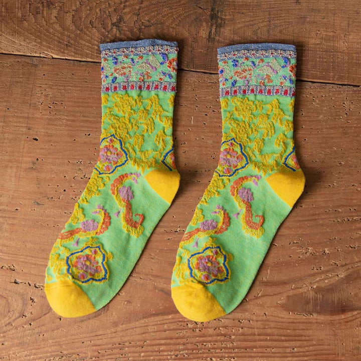 Chaussettes mi-mollet en coton à motif floral rétro en relief Buddha Stones pour femmes - PrintempsVert - Taille unique (US4–9, EU34–39, UK/AU2,5-6, Asie22-24,5 cm) - image 16