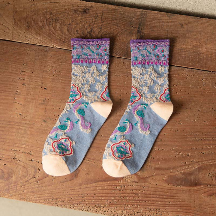 Chaussettes mi-mollet en coton à motif floral rétro en relief Buddha Stones pour femmes - Bleu acier clair - Taille unique (US4–9, EU34–39, UK/AU2,5-6, Asie22-24,5 cm) - image 17