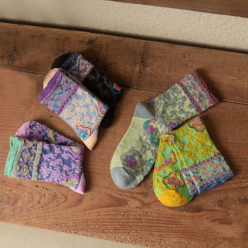 Chaussettes mi-mollet en coton à motif floral rétro en relief Buddha Stones pour femmes - image 25
