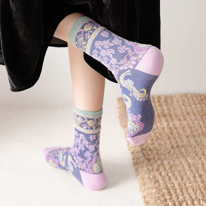 Chaussettes mi-mollet en coton à motif floral rétro en relief Buddha Stones pour femmes - image 13