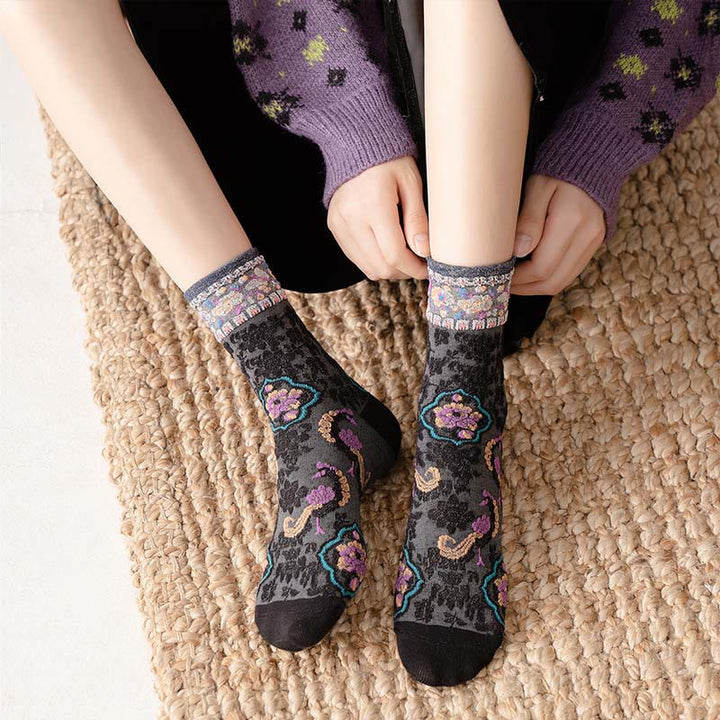 Chaussettes mi-mollet en coton à motif floral rétro en relief Buddha Stones pour femmes - image 9