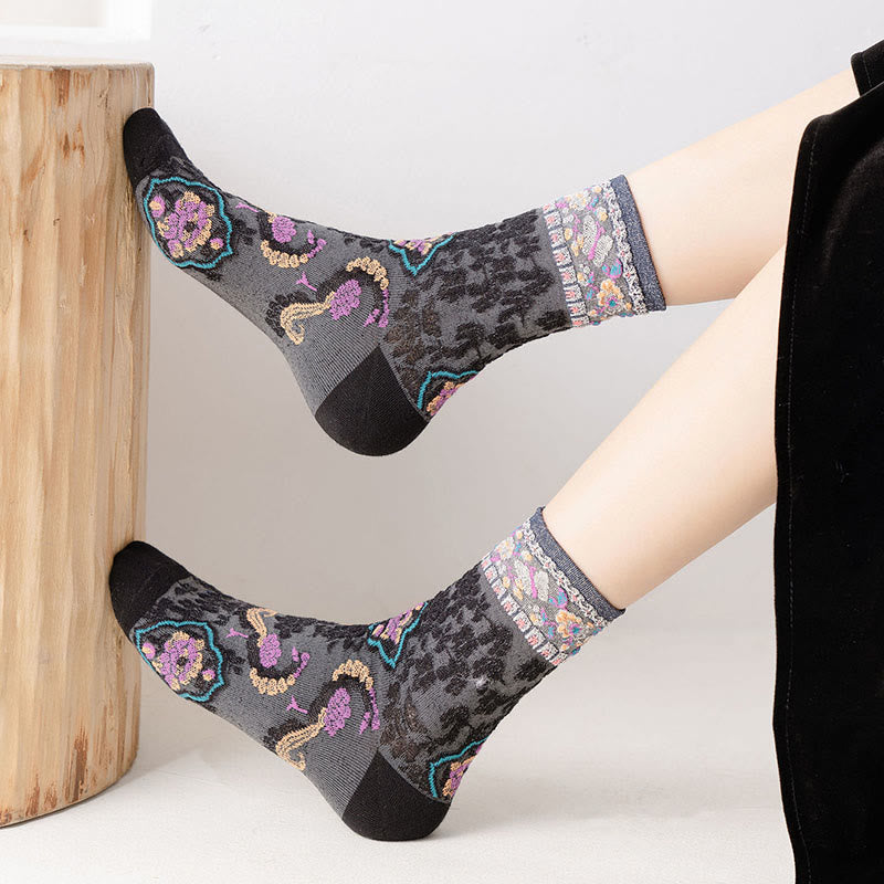 Chaussettes mi-mollet en coton à motif floral rétro en relief Buddha Stones pour femmes - image 8