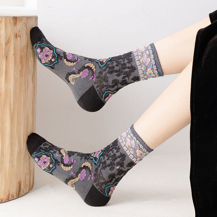 Chaussettes mi-mollet en coton à motif floral rétro en relief Buddha Stones pour femmes - image 8