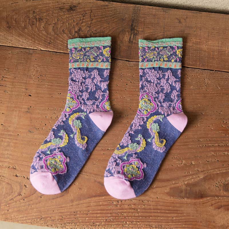 Chaussettes mi-mollet en coton à motif floral rétro en relief Buddha Stones pour femmes - Bleu ardoise - Taille unique (US4–9, EU34–39, UK/AU2,5-6, Asie22-24,5 cm) - image 10