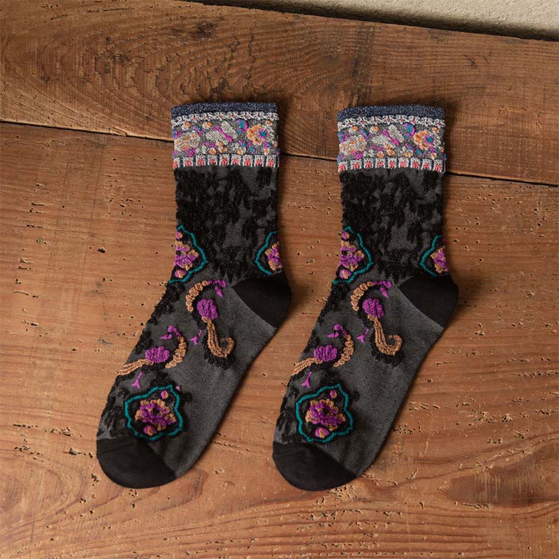 Chaussettes mi-mollet en coton à motif floral rétro en relief Buddha Stones pour femmes - Noir - Taille unique (US4–9, EU34–39, UK/AU2,5-6, Asie22-24,5 cm) - image 4
