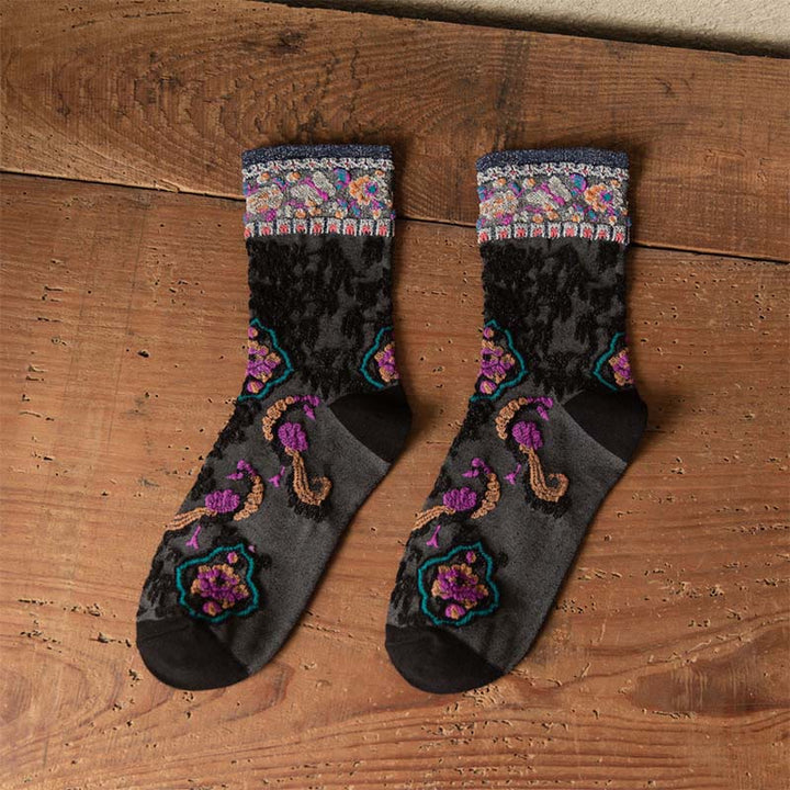 Chaussettes mi-mollet en coton à motif floral rétro en relief Buddha Stones pour femmes - Noir - Taille unique (US4–9, EU34–39, UK/AU2,5-6, Asie22-24,5 cm) - image 4