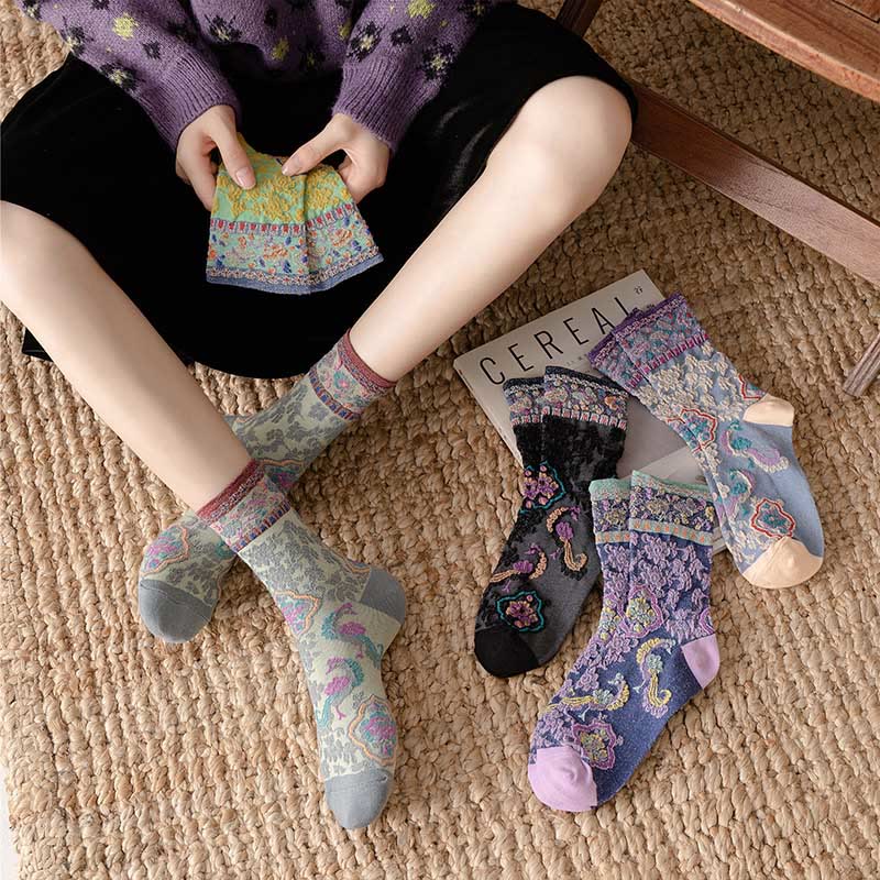 Chaussettes mi-mollet en coton à motif floral rétro en relief Buddha Stones pour femmes - image 29
