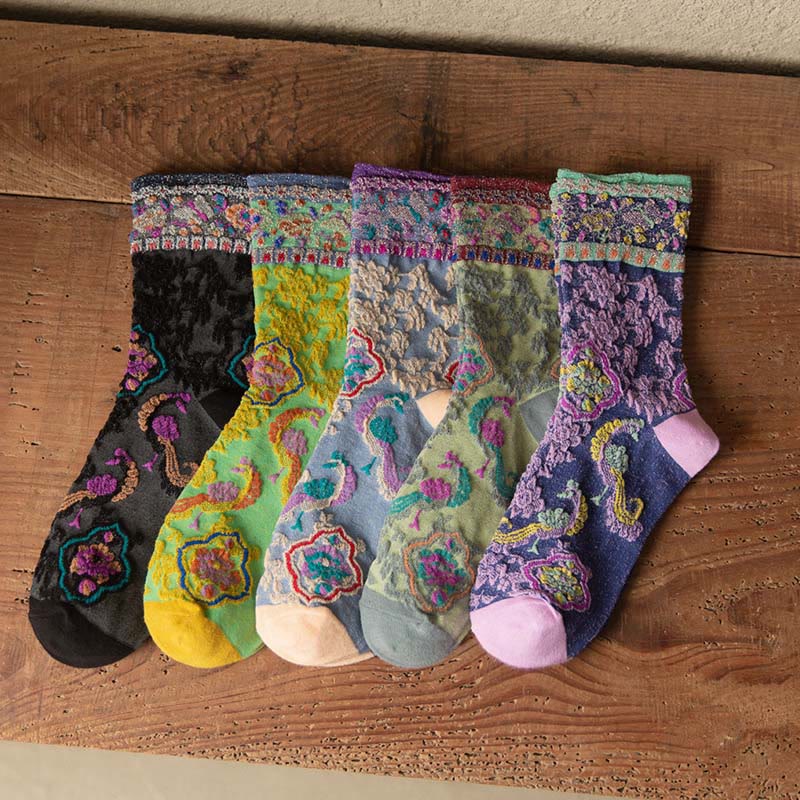Chaussettes mi-mollet en coton à motif floral rétro en relief Buddha Stones pour femmes - image 21