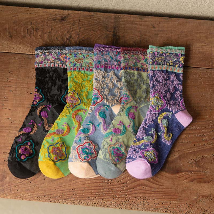 Chaussettes mi-mollet en coton à motif floral rétro en relief Buddha Stones pour femmes - image 21