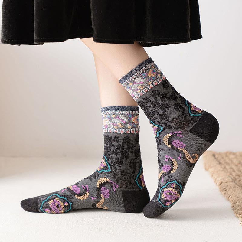 Chaussettes mi-mollet en coton à motif floral rétro en relief Buddha Stones pour femmes - image 5