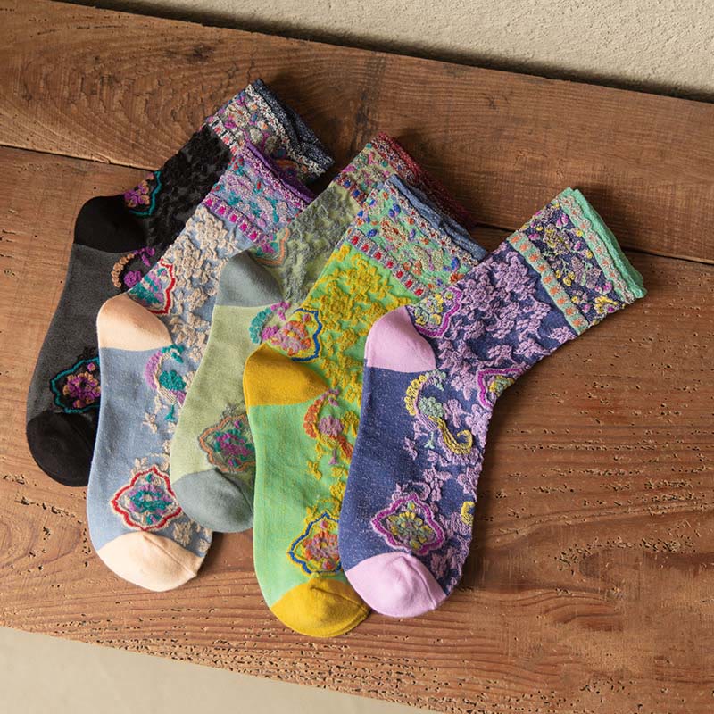 Chaussettes mi-mollet en coton à motif floral rétro en relief Buddha Stones pour femmes - image 22