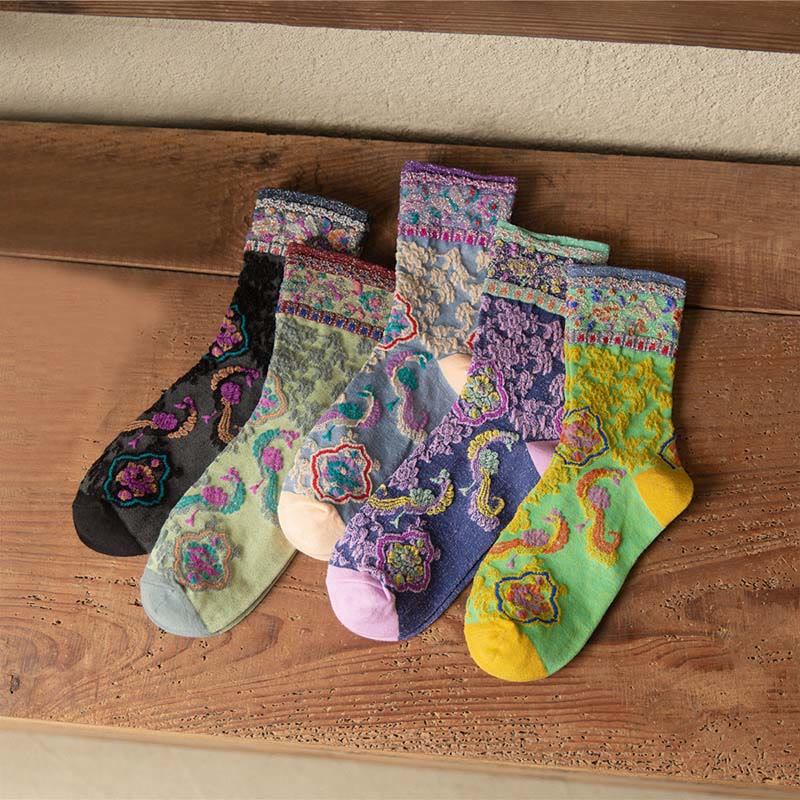Chaussettes mi-mollet en coton à motif floral rétro en relief Buddha Stones pour femmes - image 23