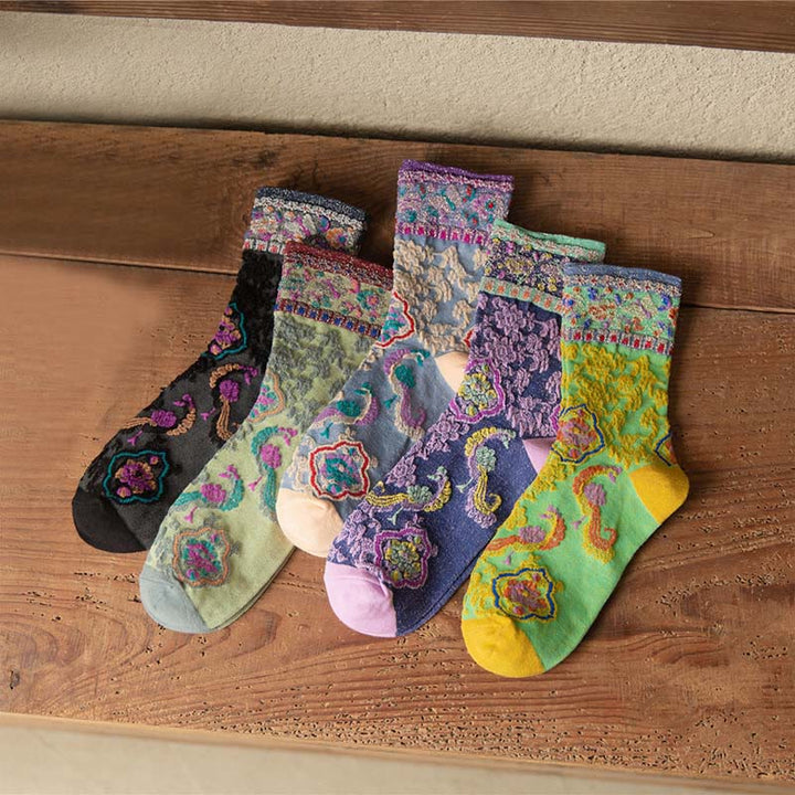 Chaussettes mi-mollet en coton à motif floral rétro en relief Buddha Stones pour femmes - image 23