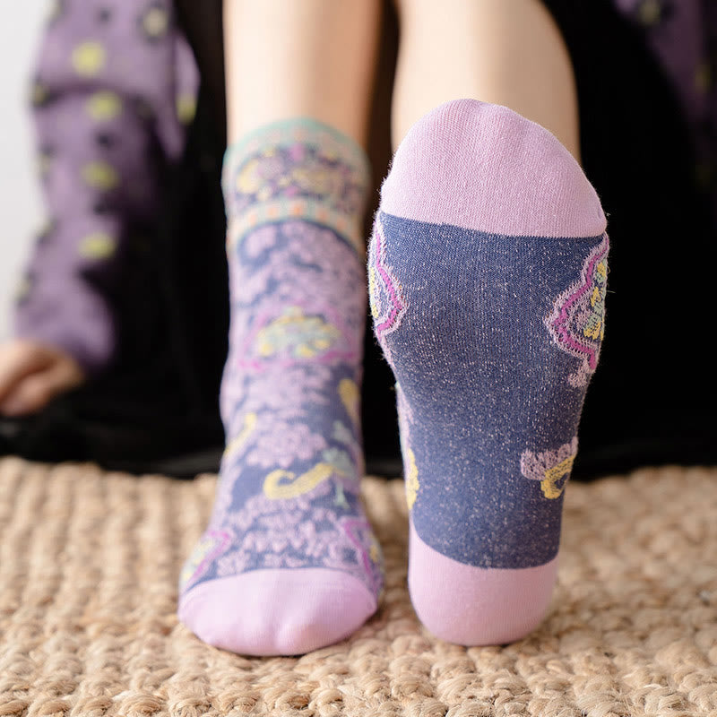Chaussettes mi-mollet en coton à motif floral rétro en relief Buddha Stones pour femmes - image 15