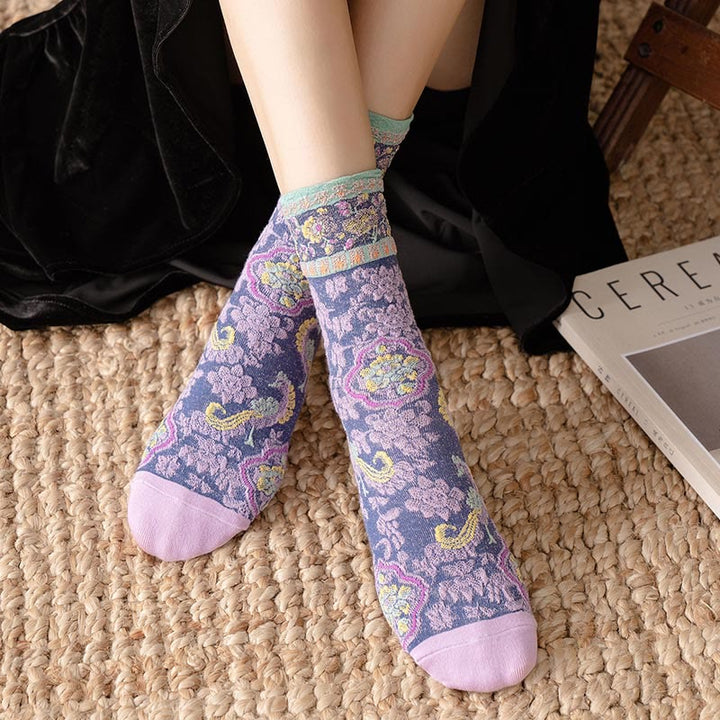 Chaussettes mi-mollet en coton à motif floral rétro en relief Buddha Stones pour femmes - image 14