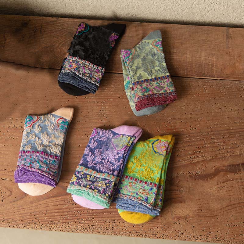 Chaussettes mi-mollet en coton à motif floral rétro en relief Buddha Stones pour femmes - image 24