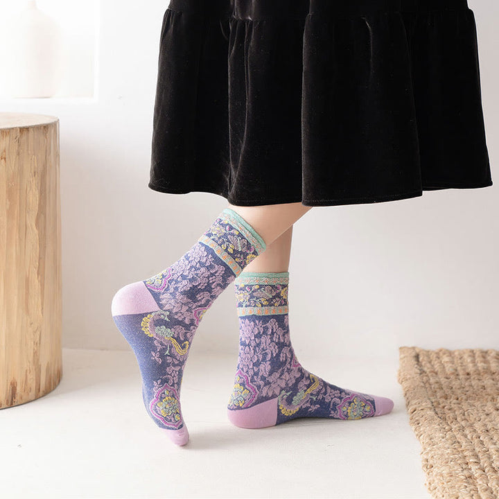 Chaussettes mi-mollet en coton à motif floral rétro en relief Buddha Stones pour femmes - image 12
