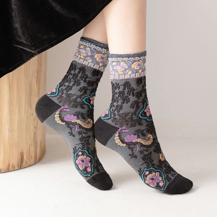 Chaussettes mi-mollet en coton à motif floral rétro en relief Buddha Stones pour femmes - image 6