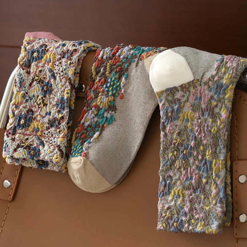 Chaussettes mi-mollet en coton à motif floral ethnique texturé Buddha Stones pour femmes - image 19