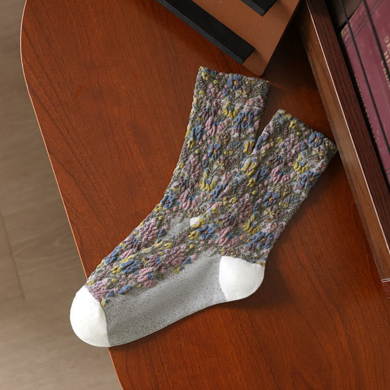 Chaussettes mi-mollet en coton à motif floral ethnique texturé Buddha Stones pour femmes - Blanc - Taille unique (US4–9, EU34–39, UK/AU2,5-6, Asie22-24,5 cm) - image 10