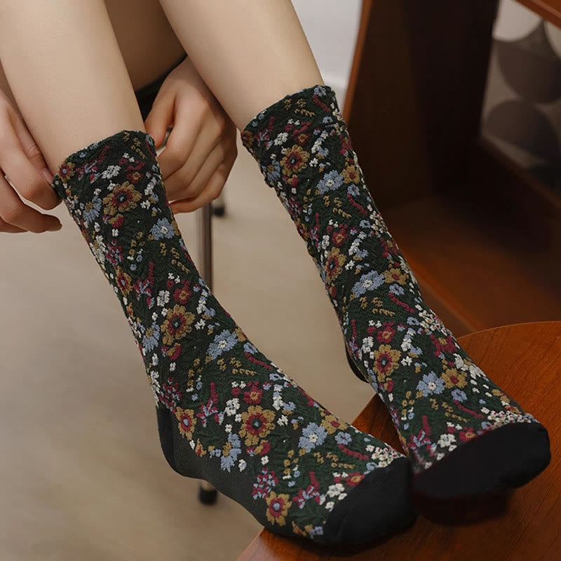Chaussettes mi-mollet en coton à motif floral ethnique texturé Buddha Stones pour femmes - image 9