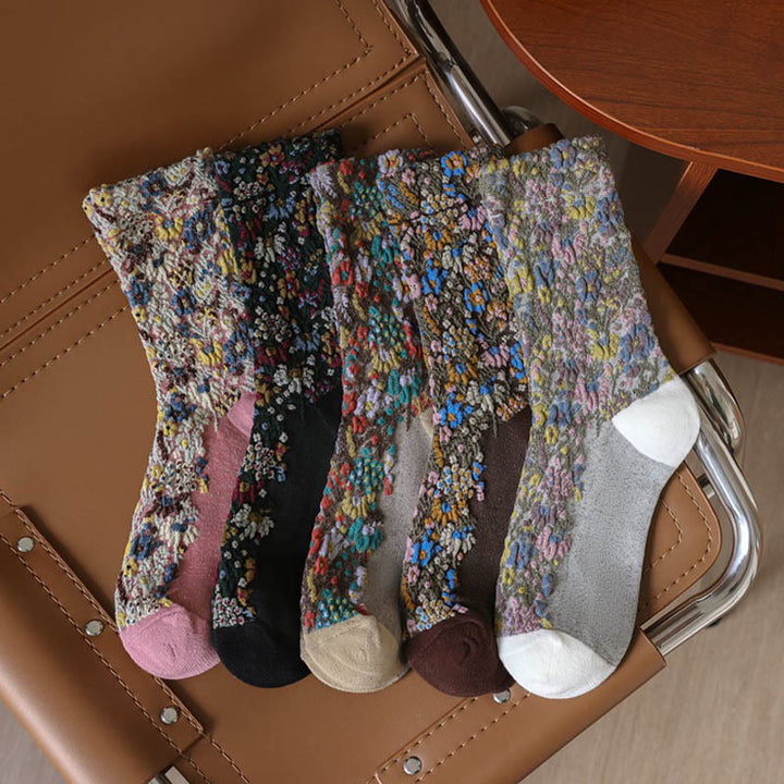 Chaussettes mi-mollet en coton à motif floral ethnique texturé Buddha Stones pour femmes - image 16