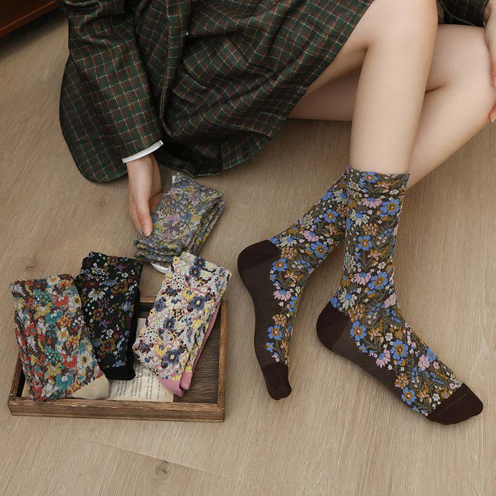 Chaussettes mi-mollet en coton à motif floral ethnique texturé Buddha Stones pour femmes - image 21