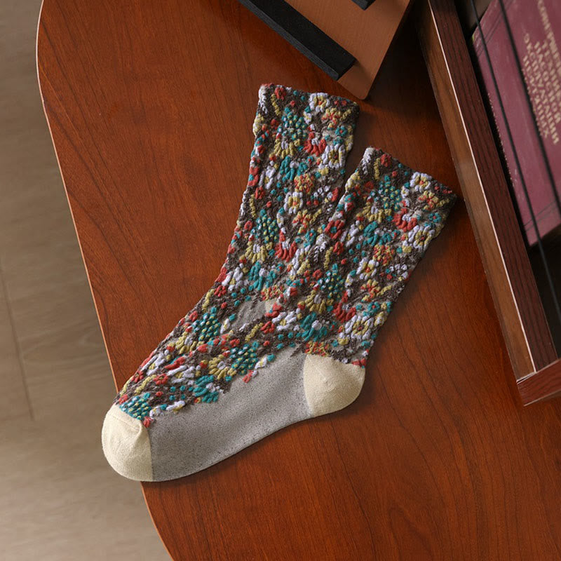 Chaussettes mi-mollet en coton à motif floral ethnique texturé Buddha Stones pour femmes - Chiffon au citron - Taille unique (US4–9, EU34–39, UK/AU2,5-6, Asie22-24,5 cm) - image 1