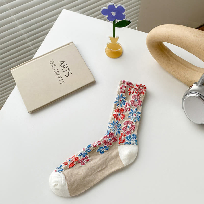 Chaussettes mi-mollet en coton pour femme, motif floral texturé ethnique et contrasté, motif Buddha Stones - Tanné - Taille unique (US4–9, EU34–39, UK/AU2,5-6, Asie22-24,5 cm) - image 4