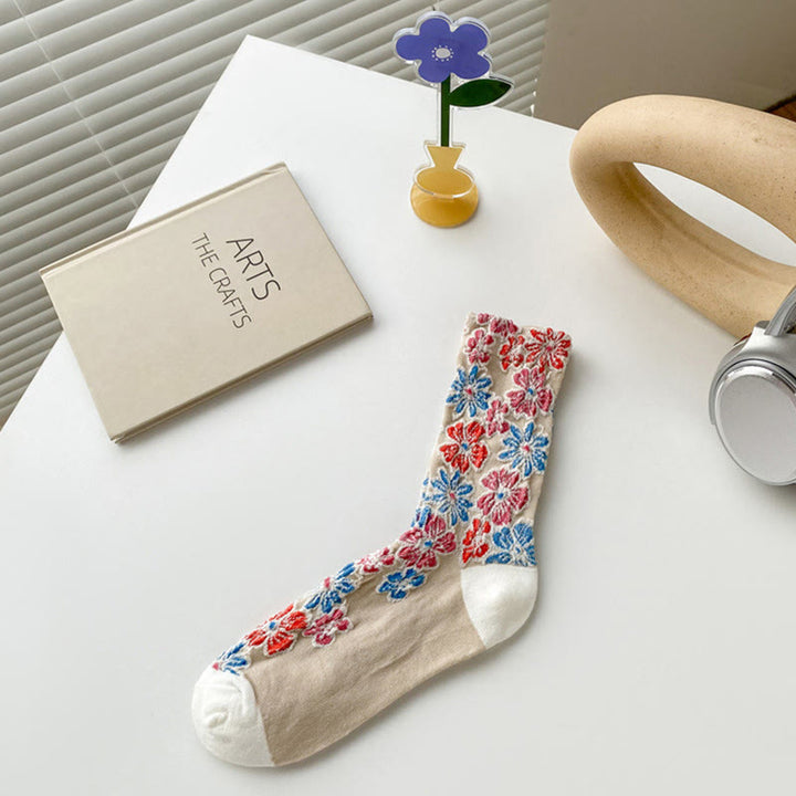 Chaussettes mi-mollet en coton pour femme, motif floral texturé ethnique et contrasté, motif Buddha Stones - Tanné - Taille unique (US4–9, EU34–39, UK/AU2,5-6, Asie22-24,5 cm) - image 4