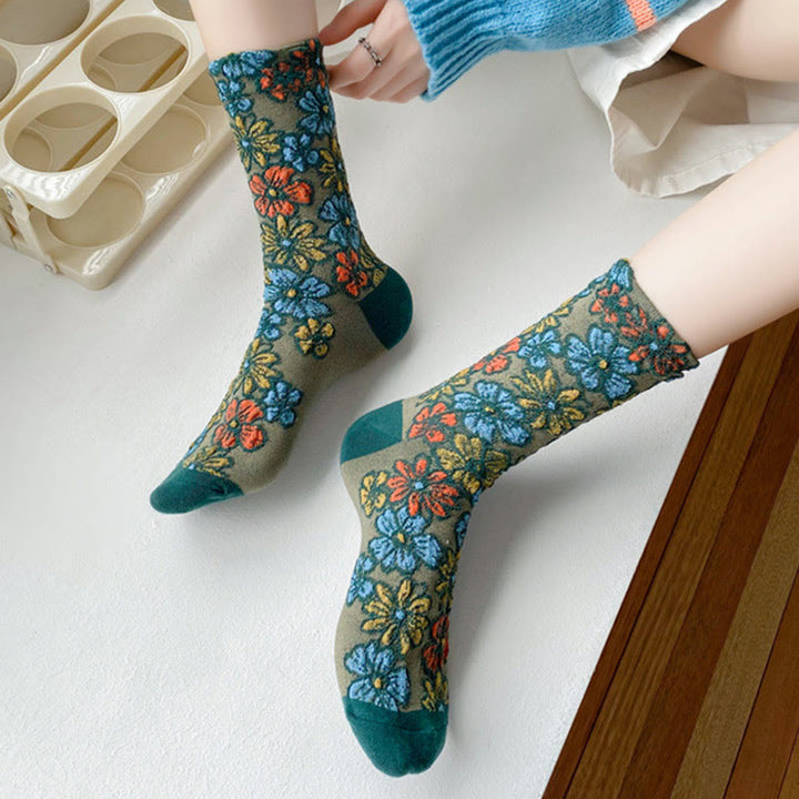 Chaussettes mi-mollet en coton pour femme, motif floral texturé ethnique et contrasté, motif Buddha Stones - image 14