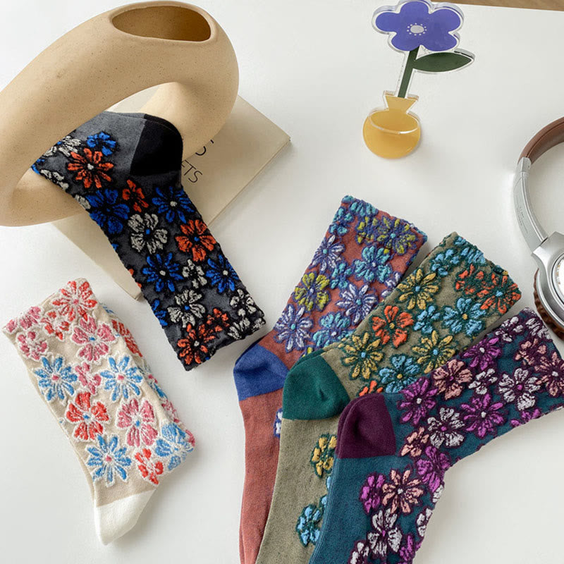 Chaussettes mi-mollet en coton pour femme, motif floral texturé ethnique et contrasté, motif Buddha Stones - image 17