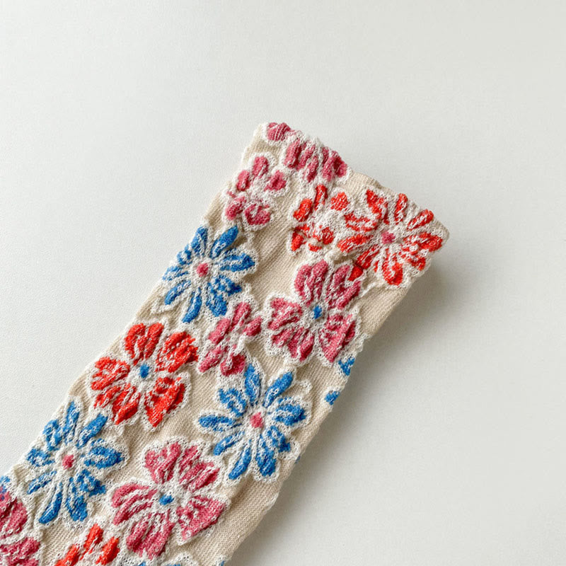 Chaussettes mi-mollet en coton pour femme, motif floral texturé ethnique et contrasté, motif Buddha Stones - image 7