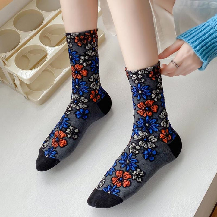 Chaussettes mi-mollet en coton pour femme, motif floral texturé ethnique et contrasté, motif Buddha Stones - image 0