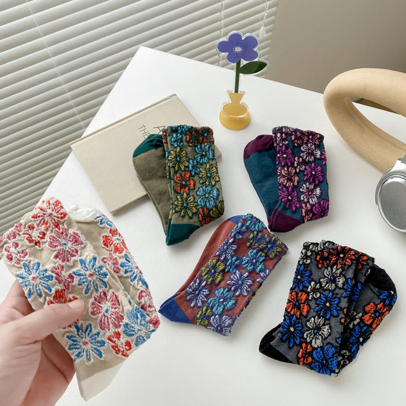 Chaussettes mi-mollet en coton pour femme, motif floral texturé ethnique et contrasté, motif Buddha Stones - image 18
