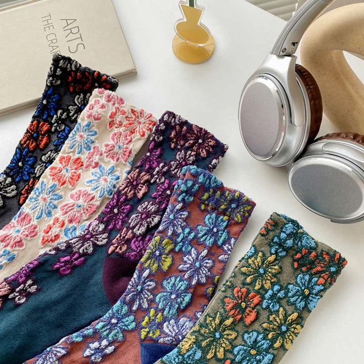 Chaussettes mi-mollet en coton pour femme, motif floral texturé ethnique et contrasté, motif Buddha Stones - image 24