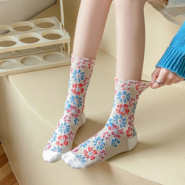 Chaussettes mi-mollet en coton pour femme, motif floral texturé ethnique et contrasté, motif Buddha Stones - image 9