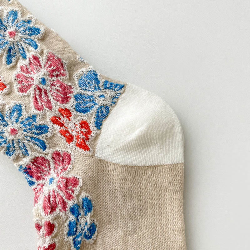 Chaussettes mi-mollet en coton pour femme, motif floral texturé ethnique et contrasté, motif Buddha Stones - image 6