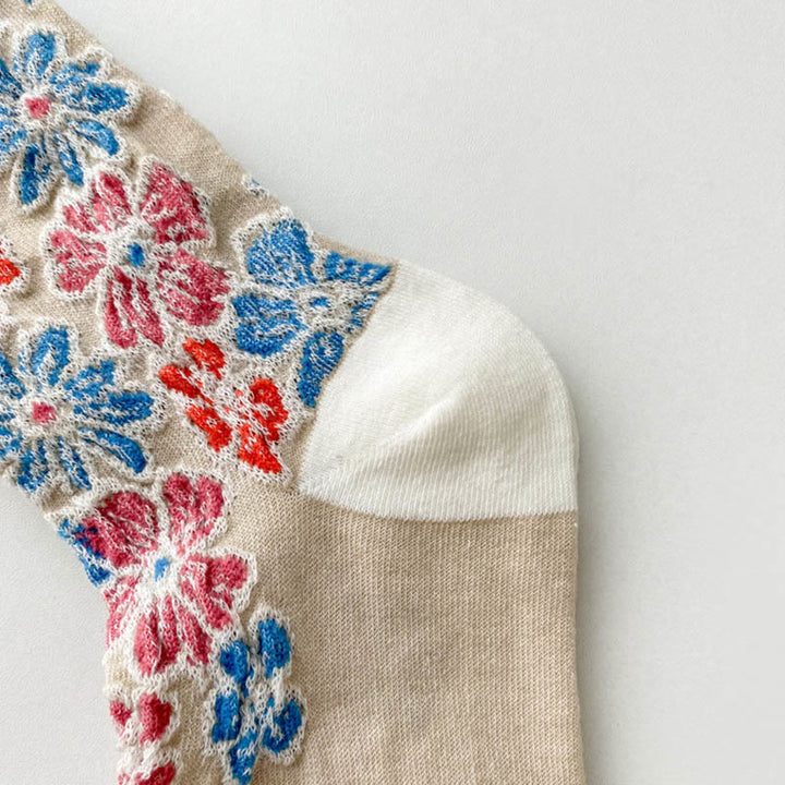 Chaussettes mi-mollet en coton pour femme, motif floral texturé ethnique et contrasté, motif Buddha Stones - image 6