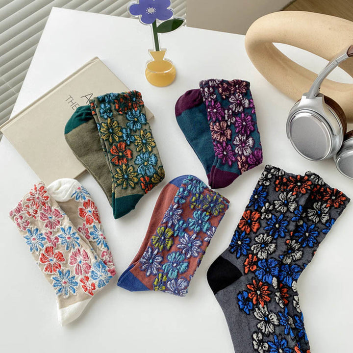 Chaussettes mi-mollet en coton pour femme, motif floral texturé ethnique et contrasté, motif Buddha Stones - image 23
