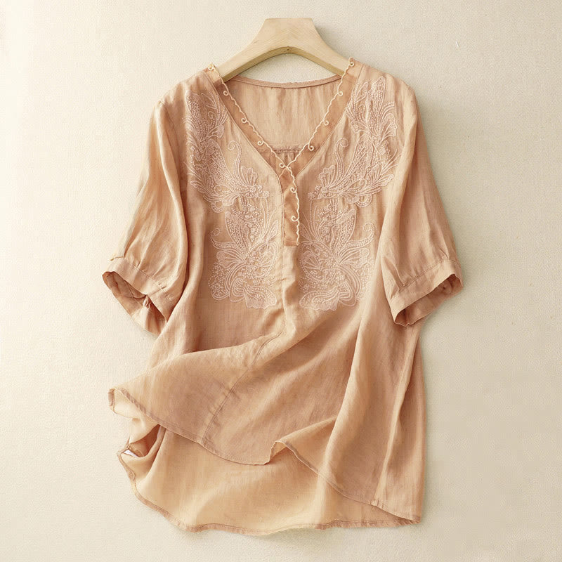 Chemise à manches mi-longues et col en V avec motif papillon Buddha Stones pour femme - BurlyWood - US14，UK/AU18，EU46 (2XL) - image 3