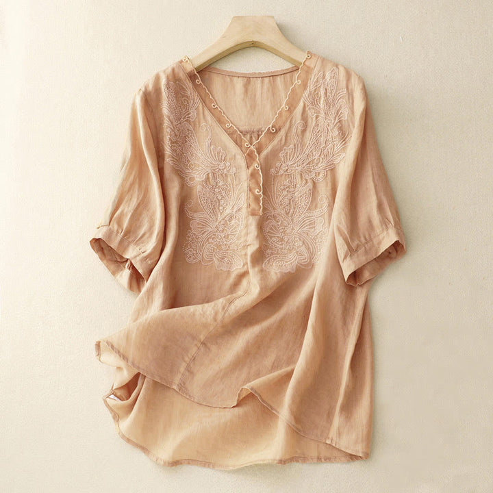 Chemise à manches mi-longues et col en V avec motif papillon Buddha Stones pour femme - BurlyWood - US14，UK/AU18，EU46 (2XL) - image 3
