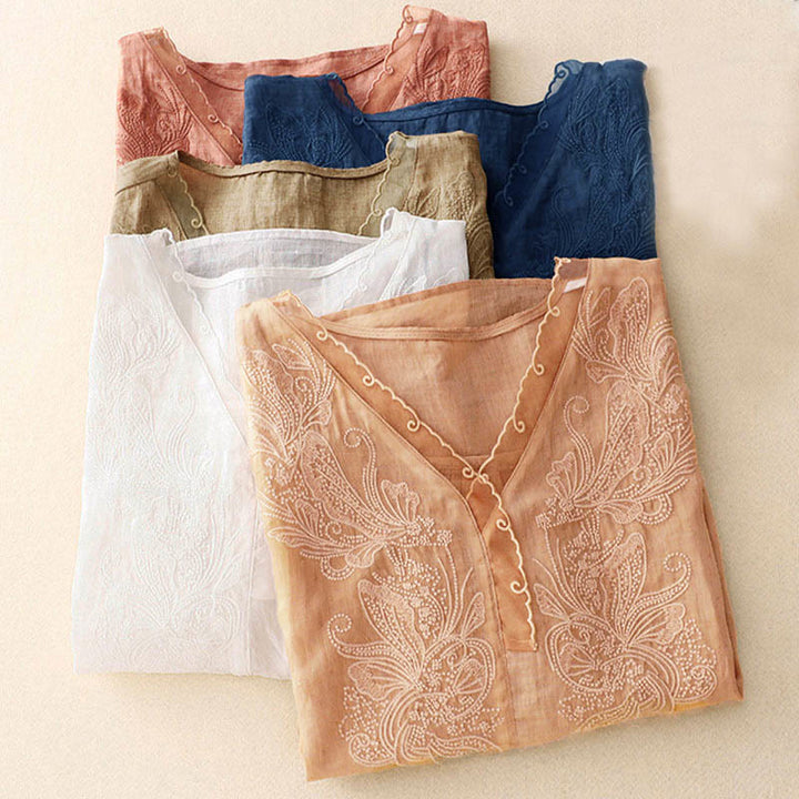 Chemise à manches mi-longues et col en V avec motif papillon Buddha Stones pour femme - image 22