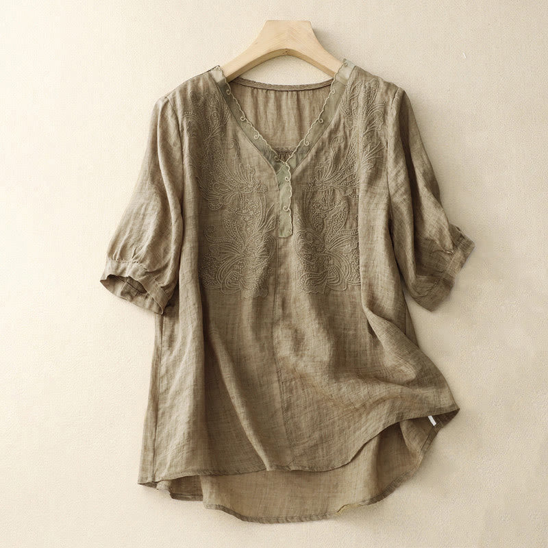 Chemise à manches mi-longues et col en V avec motif papillon Buddha Stones pour femme - Tanné - US14，UK/AU18，EU46 (2XL) - image 11