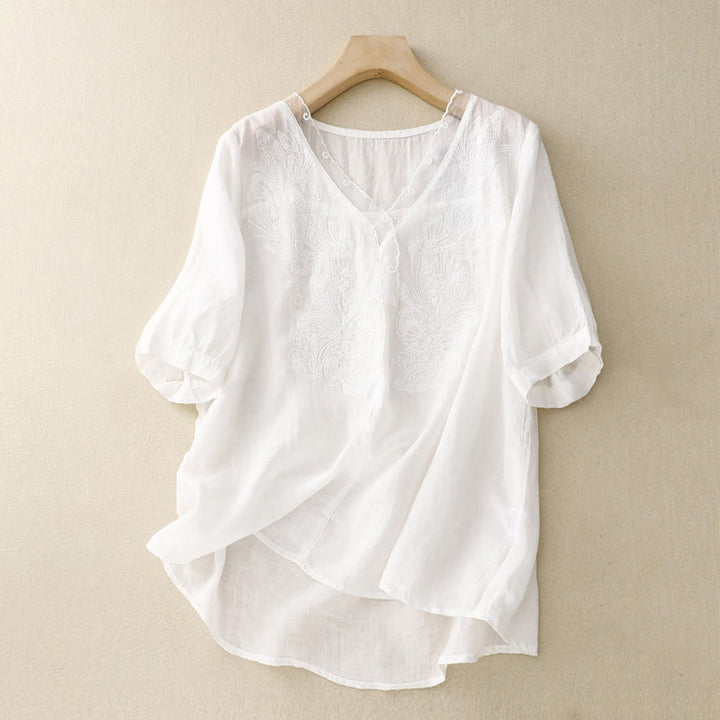 Chemise à manches mi-longues et col en V avec motif papillon Buddha Stones pour femme - Blanc - US14，UK/AU18，EU46 (2XL) - image 6