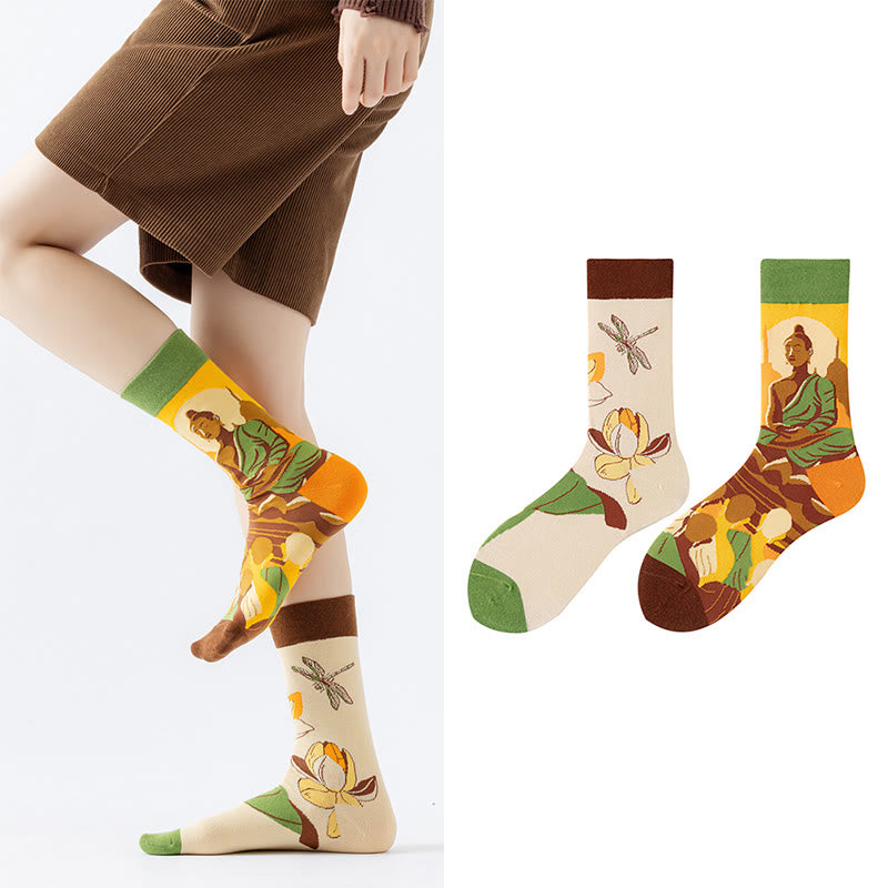 Chaussettes décontractées pour femmes Buddha Stones, motif Bouddha méditatif, lotus, libellule, micro-collant - image 4