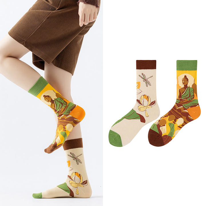 Chaussettes décontractées pour femmes Buddha Stones, motif Bouddha méditatif, lotus, libellule, micro-collant - image 4