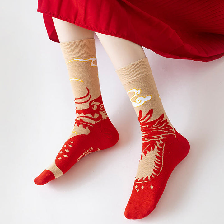 Chaussettes unisexes décontractées en coton motif dragon rouge Buddha Stones pour hommes et femmes - image 3