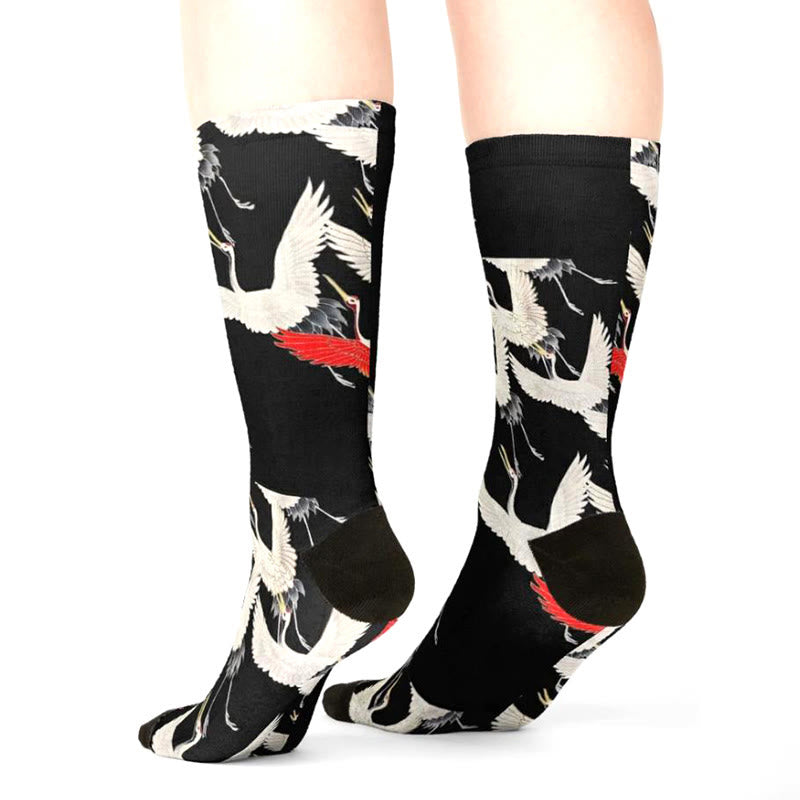 Chaussettes unisexes décontractées Buddha Stones, blanches et rouges, motif grues, pour hommes et femmes - image 4