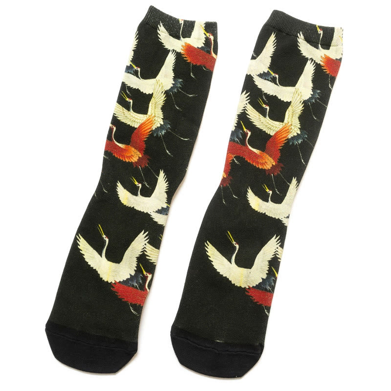 Chaussettes unisexes décontractées Buddha Stones, blanches et rouges, motif grues, pour hommes et femmes - image 1